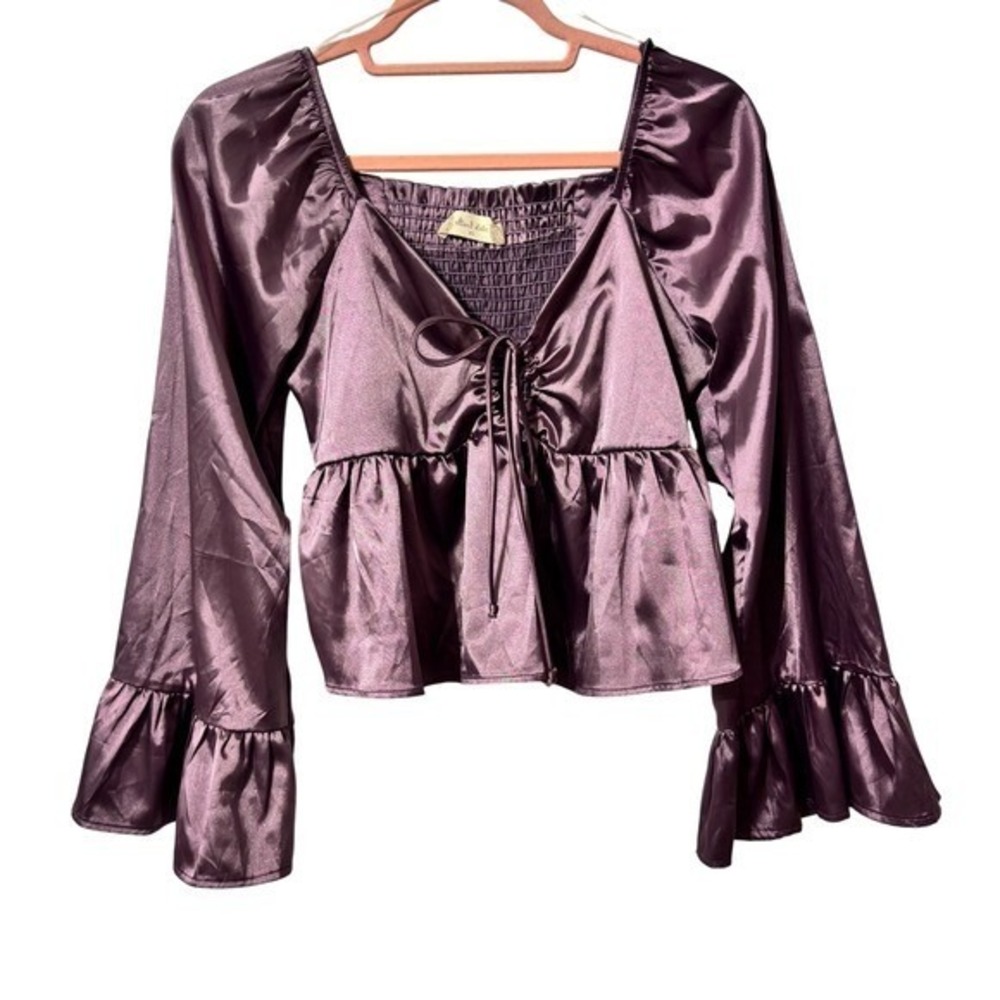 Altard State Dusty Plum Satin Smocked Peplum Top Square Neck Bell Sleeve XS